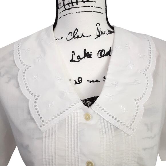 Vintage 80s Lace Collar Sailor White Button Up Shirt Shoulder Pads Edwardian - Picture 3 of 11